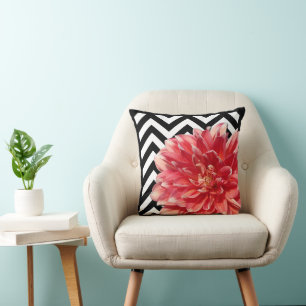 Coral Red Dahlia Modern Black White Zigzag Pattern Throw Pillow
