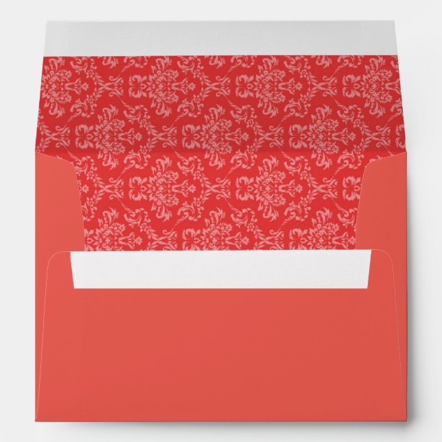 Coral Red Damask Monogram Personalized Envelope (Back (Bottom))