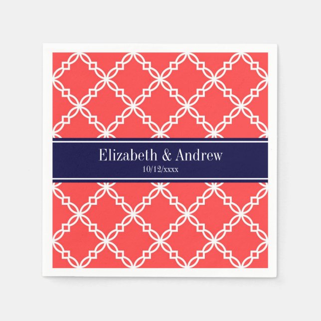 Coral Red Fancy Quatrefoil Navy Name Monogram Paper Napkins (Front)