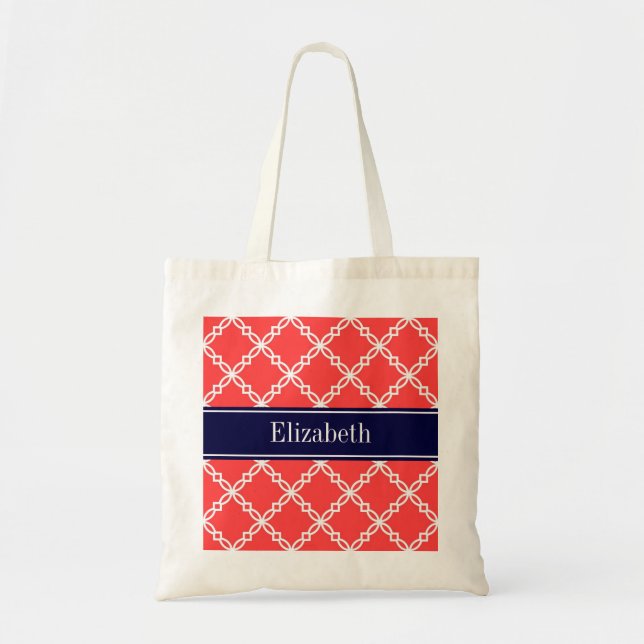 Coral Red Fancy Quatrefoil Navy Name Monogram Tote Bag (Front)