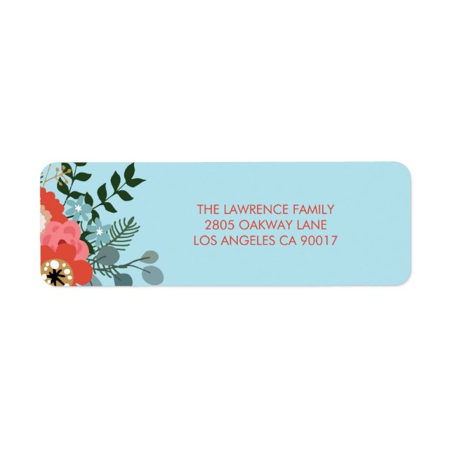 Coral Red Floral Blue Christmas Address Label (Front)