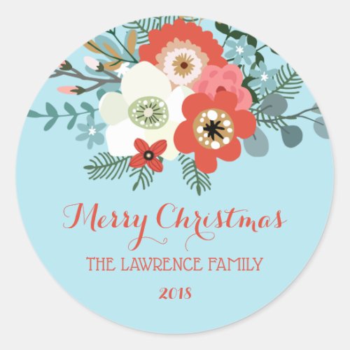 Coral Red Floral Blue Christmas Classic Round Sticker