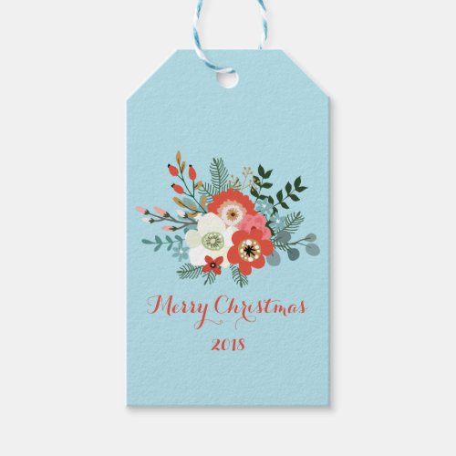 Coral Red Floral Blue Christmas Gift Tags