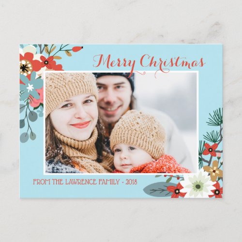 Coral Red Floral Blue Christmas Photo Holiday Postcard