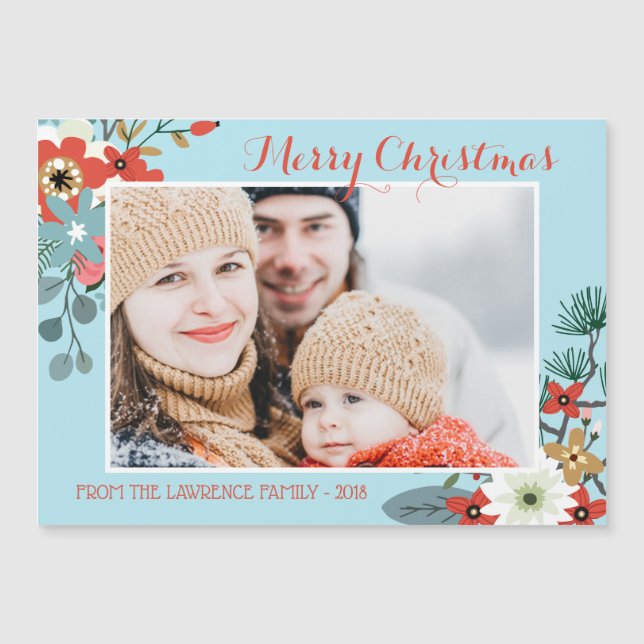 Coral Red Floral Blue Christmas Photo Magnet (Front)