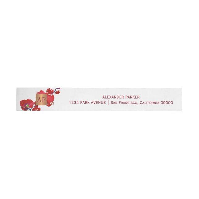Coral red floral metallic copper monogrammed wrap around address label (Individual)