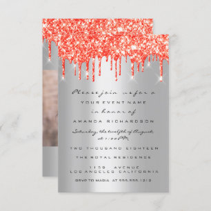 Coral Red Glitter Drips Silver Bridal Sweet 16th Invitation