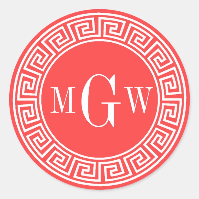 Coral Red Greek Key Monogram Envelope Seals Favor (Front)