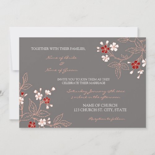 Coral Red Grey Floral Wedding Invitation Cards