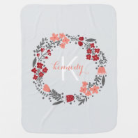 Coral Red Grey Monogram Baby Blanket