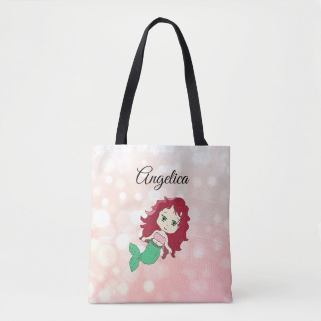 Coral Red Haired Mermaid Personalized Tote Bag (Front)