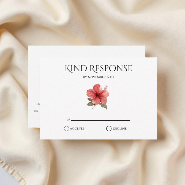 Coral Red Hibiscus QR Code Tropical Modern Wedding RSVP Card (Creator Uploaded)