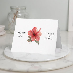 Coral Red Hibiscus Tropical Modern Watercolor  Thank You Card
