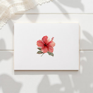 Coral Red Hibiscus Tropical Watercolor Wedding Envelope