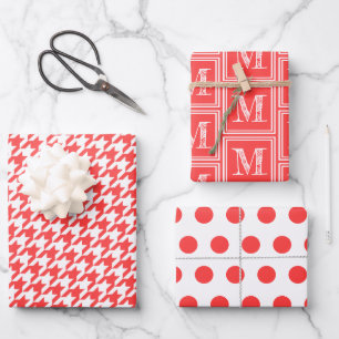 Coral Red Houndstooth Monogram Polka Dot Wrapping Paper Sheets