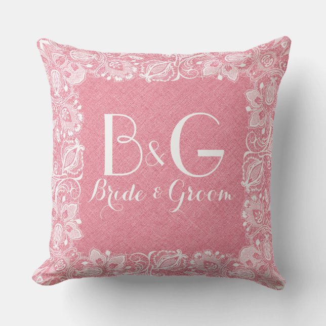 Coral-Red Linen & White Lace Frame Throw Pillow (Front)