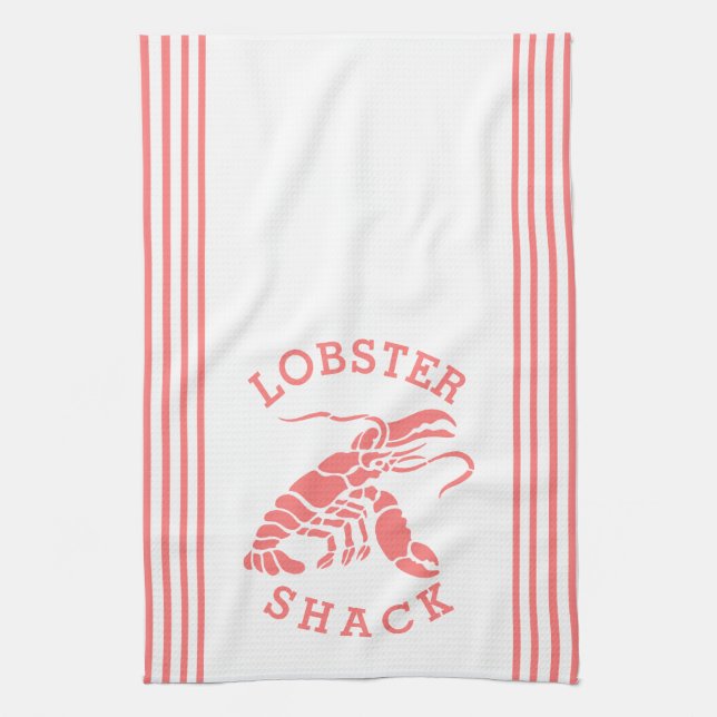 Coral Red Lobster & Stripes Design Kitchen Towel (Vertical)