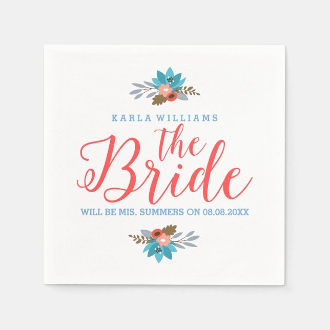 Coral Red Modern Text-The Bride & Blue Flowers Napkins (Front)