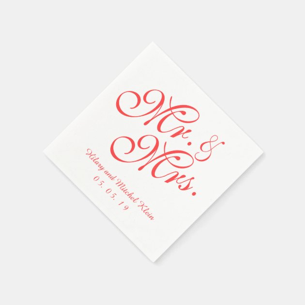 Coral Red Mr. And Mrs. Wedding Paper Napkins