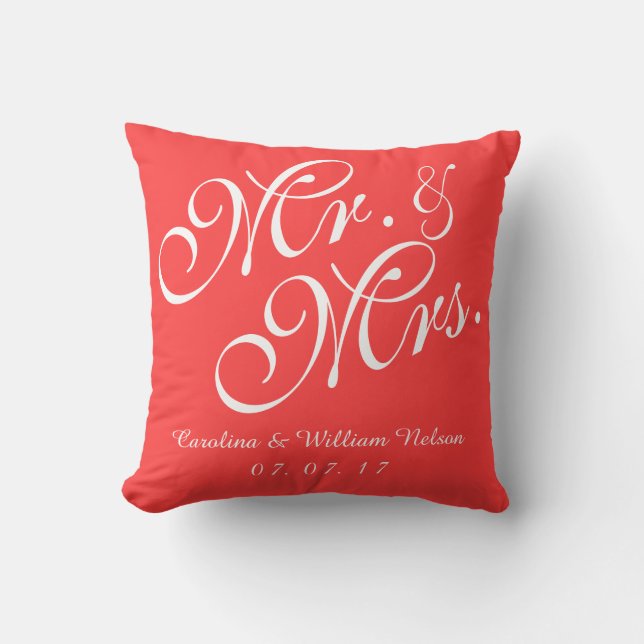 Coral Red Mr. and Mrs. Wedding Pillow (Front)