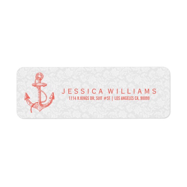 Coral-red Nautical Boat Anchor & Stripes Label (Front)