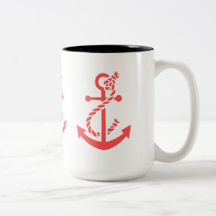 Coral Red Nautical Boat Anchor Two-Tone Coffee Mug