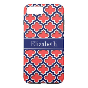 Coral Red Navy 5c Moroccan #5DS Navy Name Monogram iPhone 8 Plus/7 Plus Case