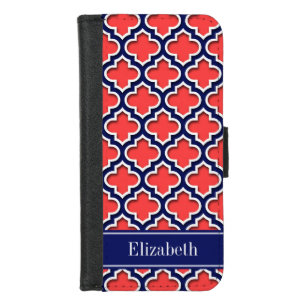 Coral Red Navy 5c Moroccan #5DS Navy Name Monogram iPhone 8/7 Wallet Case