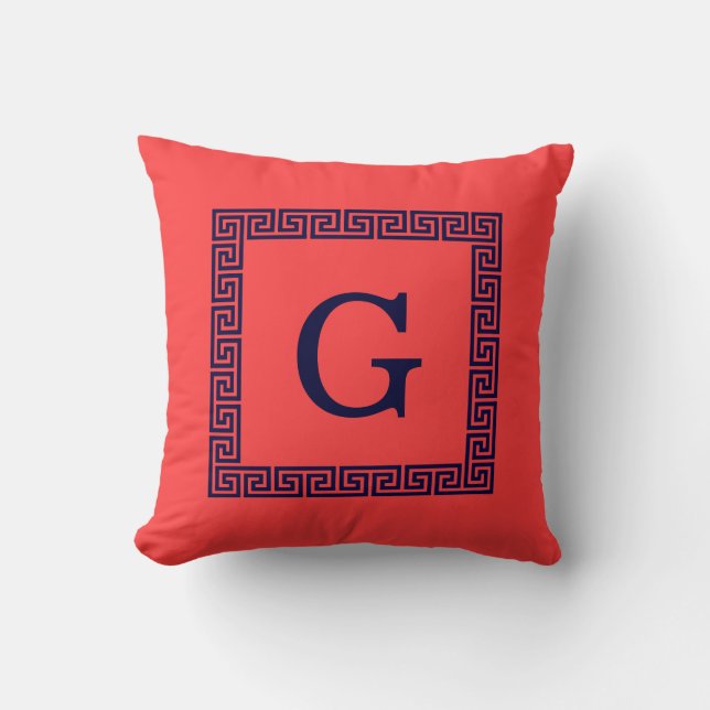 Coral Red, Navy Blue Greek Key #1 Framed Monogram Throw Pillow (Front)