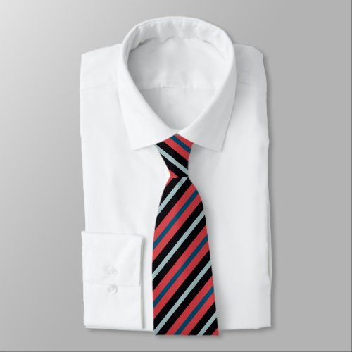 Coral Red Navy Blue White Stripes  Neck Tie