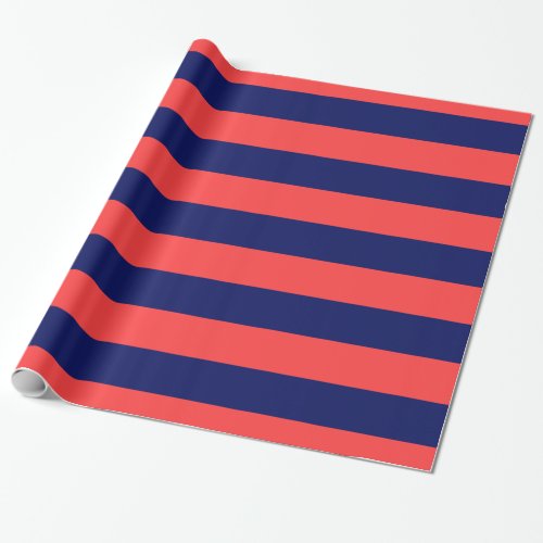 Coral Red Navy Blue XL Stripes Pattern V Wrapping Paper