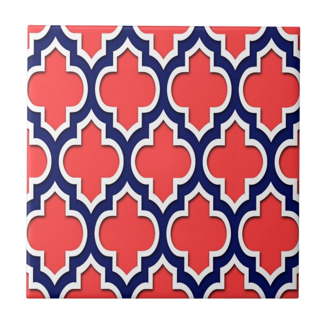 Coral Red Navy White Moroccan Quatrefoil #4DS Tile (Front)