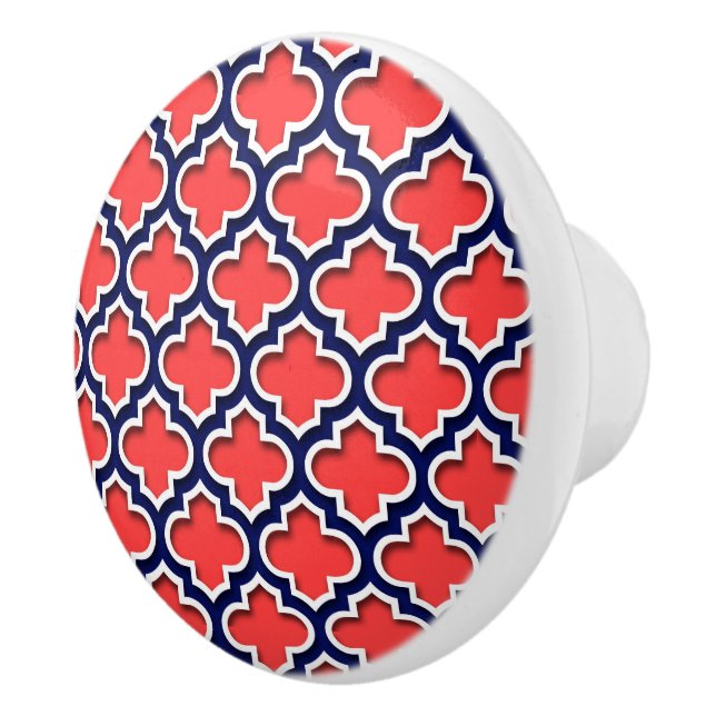 Coral Red, Navy White Moroccan Quatrefoil #5DS Ceramic Knob (Right)