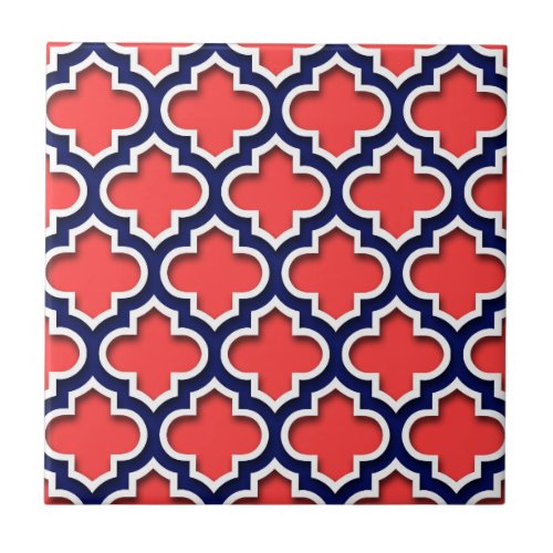 Coral Red Navy White Moroccan Quatrefoil 5DS Ceramic Tile