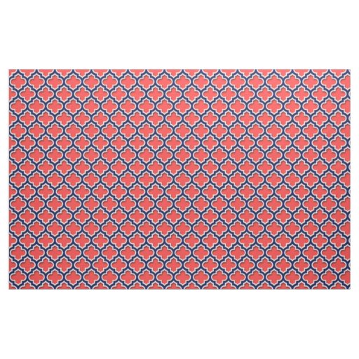 Coral Red, Navy White Moroccan Quatrefoil #5DS Fabric