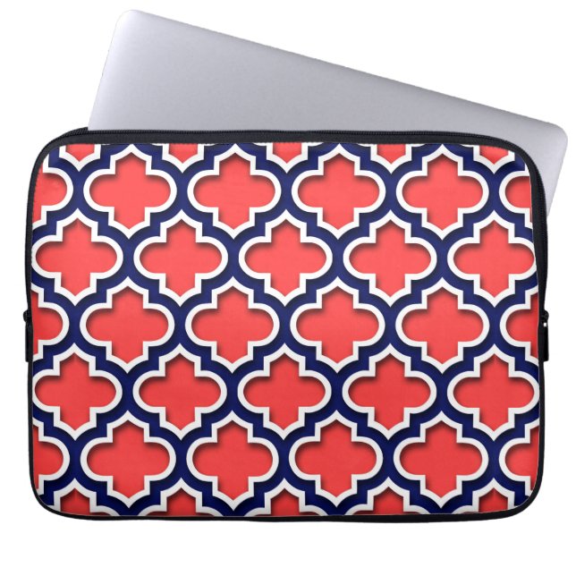 Coral Red, Navy White Moroccan Quatrefoil #5DS Laptop Sleeve (Front)