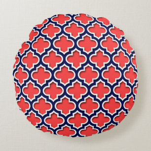 Coral Red, Navy White Moroccan Quatrefoil #5DS Round Pillow
