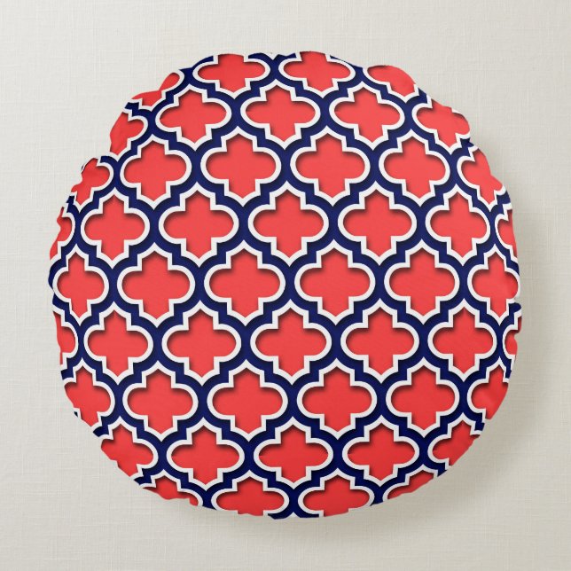 Coral Red, Navy White Moroccan Quatrefoil #5DS Round Pillow (Front)