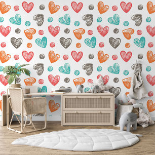 Coral Red Orange Blue Turquoise Hearts Art Pattern Wallpaper