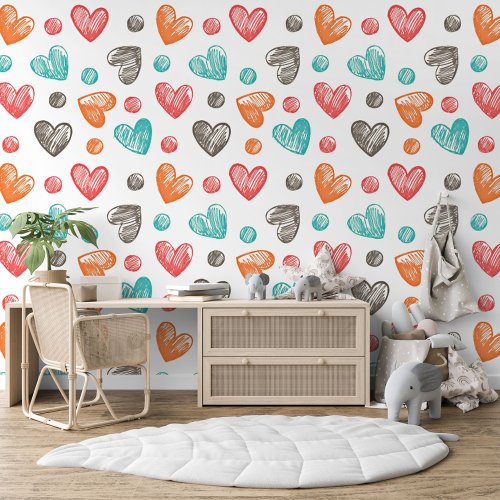 Coral Red Orange Blue Turquoise Hearts Art Pattern Wallpaper