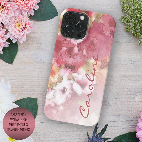 Coral Red Orange Blush Pink Watercolor Flowers iPhone 15 Pro Max Case