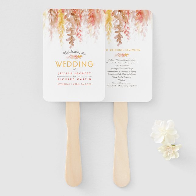 Coral red orange brown autumn fall wedding program hand fan (Front and Back)