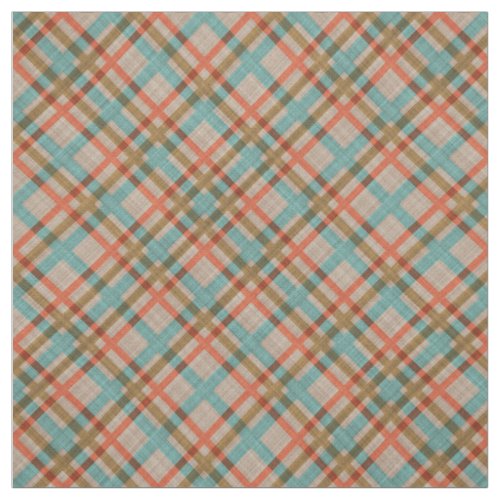 Coral Red Orange Turquoise Blue Plaid Pattern Fabric