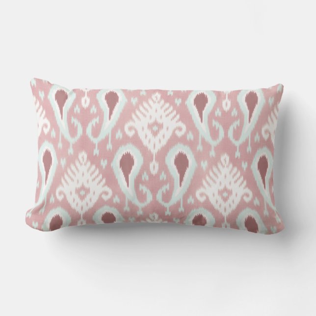 Coral Red Pastel Seafoam Green Ikat Tribal Pattern Lumbar Pillow (Front)
