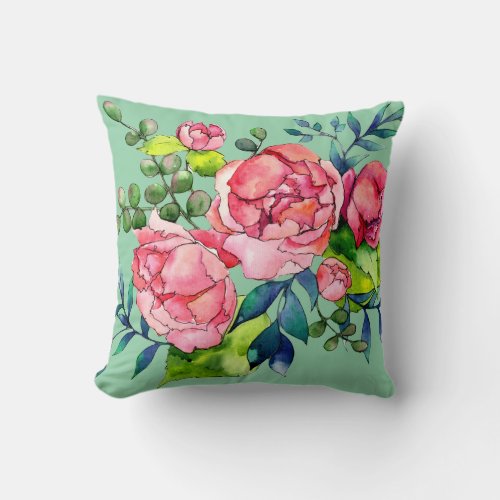 Coral red pink and mint watercolor peony roses throw pillow