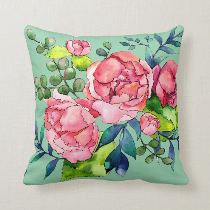Yellow Pink Mint Green Spring Flowers Throw Pillow 16x16 Multicolor 