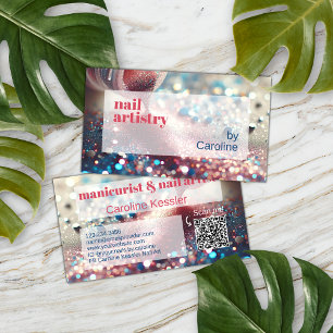 Coral Red Pink Aqua Dark Blue Glitter Nail Polish Business Card