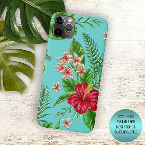 Coral Red Pink Floral On Aqua Blue Turquoise iPhone 11 Pro Max Case