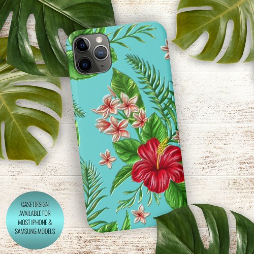 Coral Red Pink Floral On Aqua Blue Turquoise iPhone 15 Pro Max Case