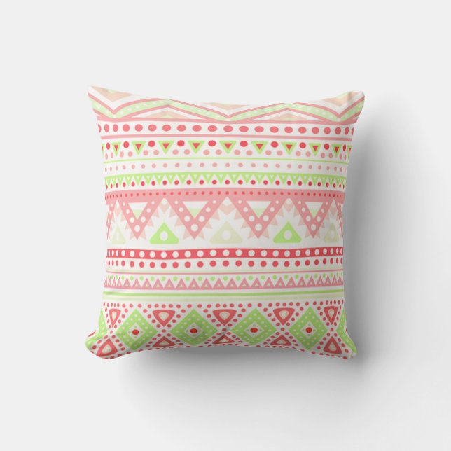 Coral Red Pink Lime Green Aztec Zigzag Pattern Outdoor Pillow (Front)